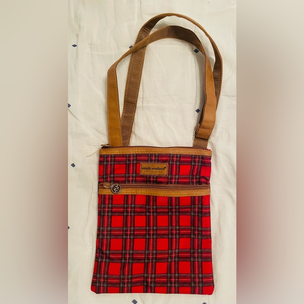 Simply Southern Red Plaid Messenger Bag with Tan Strap